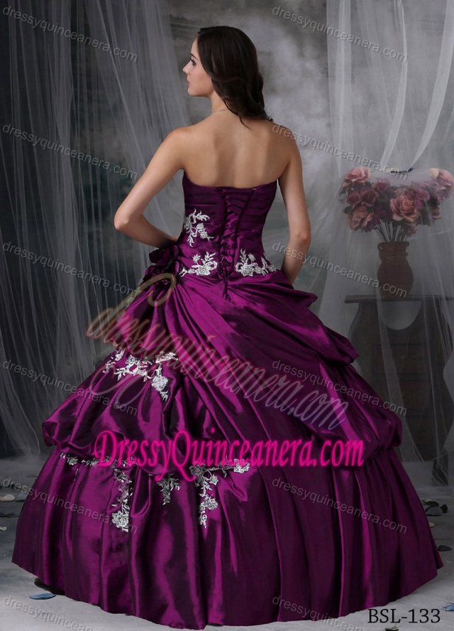 Discount Taffeta Dress for Quinceanera with Appliques and Strapless