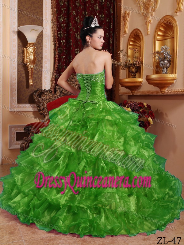 Green Strapless Beaded Quinceanera Dress with Ruffled Layers in Organza