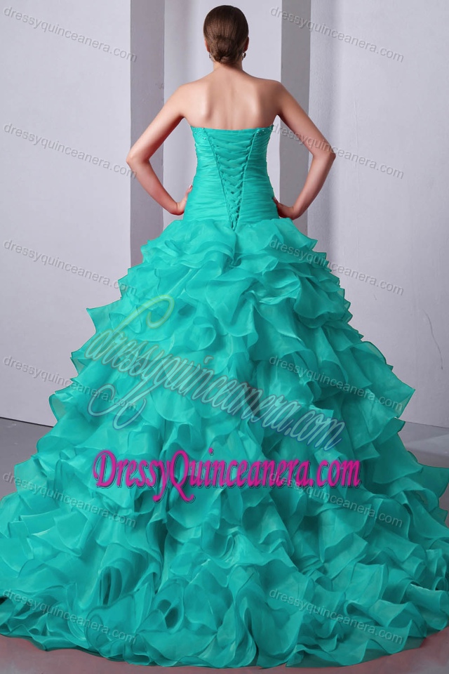 Blue Princess Sweetheart Beaded and Ruffled Quinceanea Dress in Organza