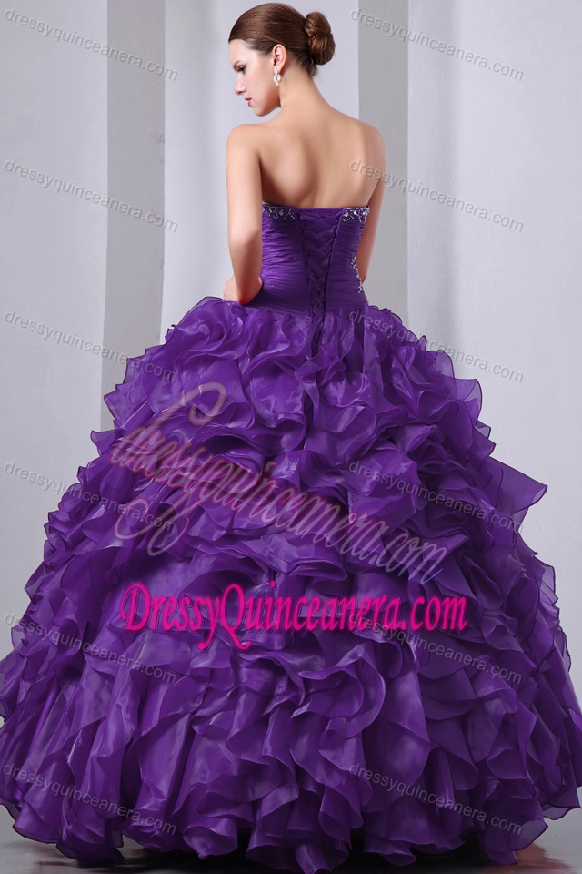 Purple A-line Sweetheart Ruffled Quinceanea Dress with Beading in Organza