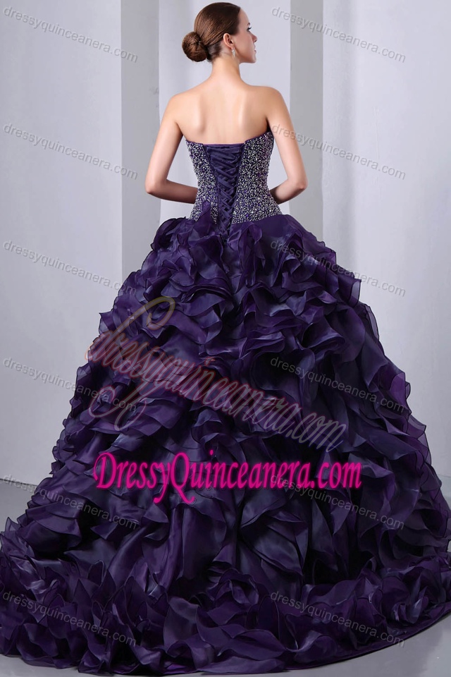 Dark Purple Princess Sweetheart Quinceanea Dress with Ruffles and Beading