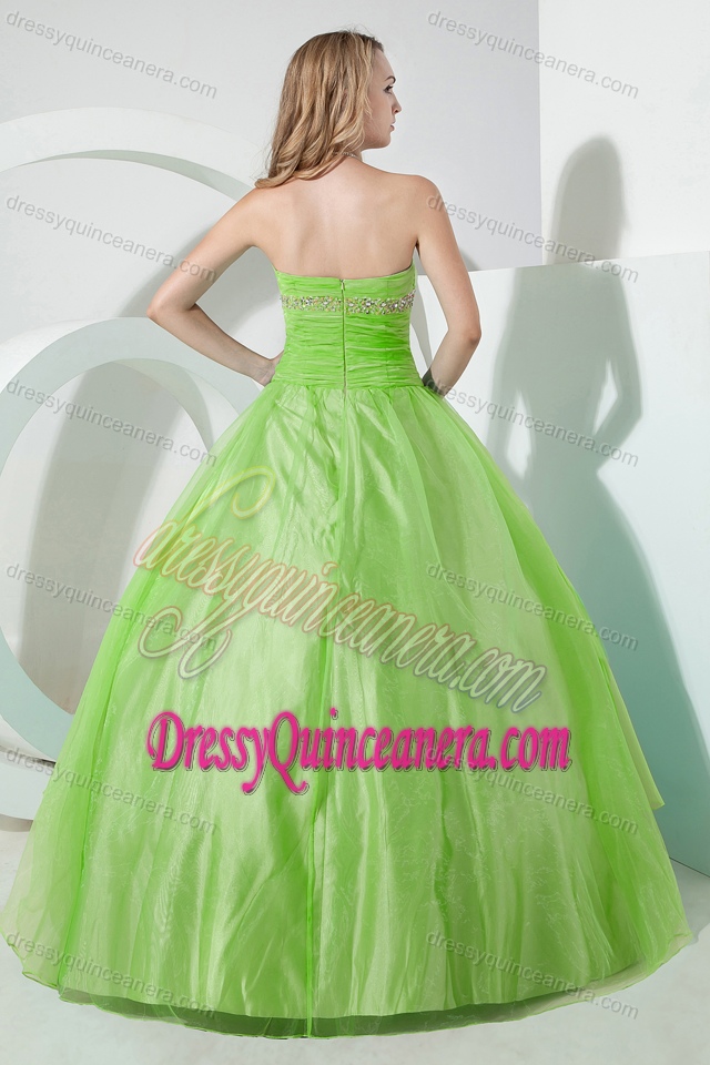 Spring Green Beaded Strapless Organza Sweet 16 Dresses with Embroidery