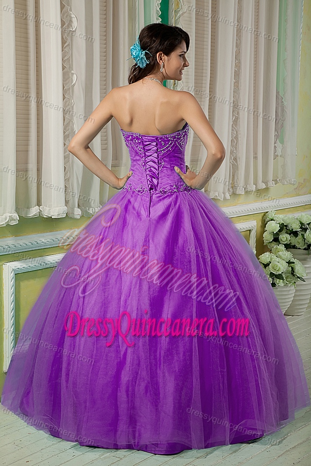 Sweetheart Purple Ball Gown Tulle Beaded Quinceanera Dress In Low Price 