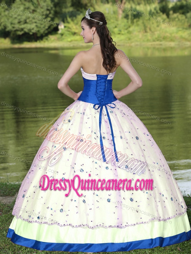 2013Blue and White Flower Decorate Strapless Floor-length Quinceanera Gown