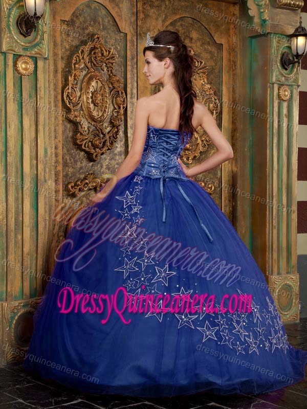 Blue Sweetheart Ball Gown Tulle Sweet 16 Quinceanera Dress with Appliques on Sale