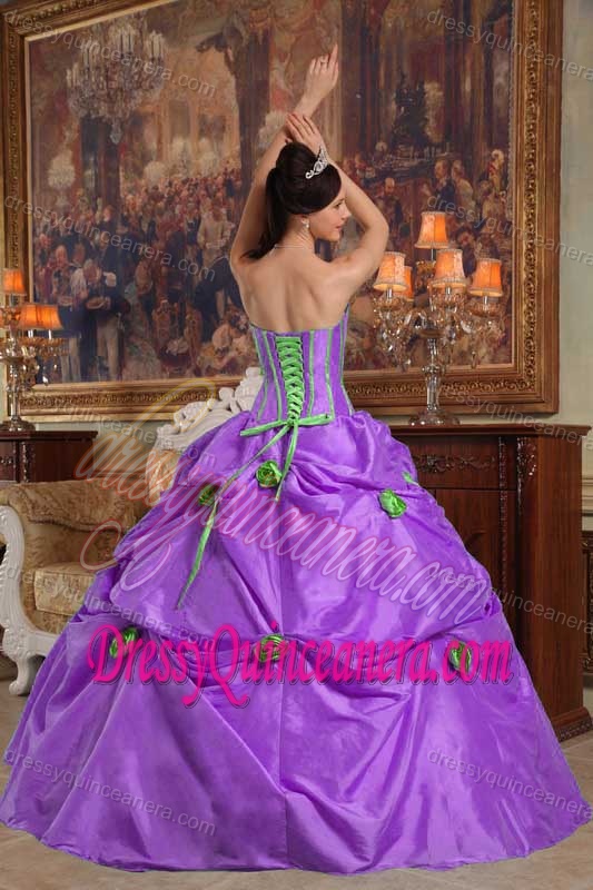 Strapless Purple Taffeta Appliqued Quinceanera Gowns with Pick-ups and Flowers