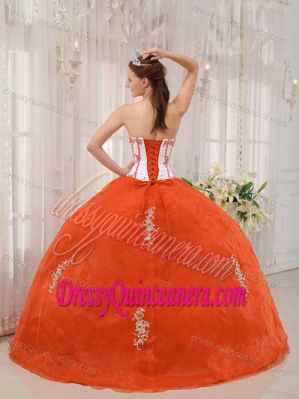 White and Orange Sweetheart Ball Gown Organza Sweet 16 Dresses with Appliques