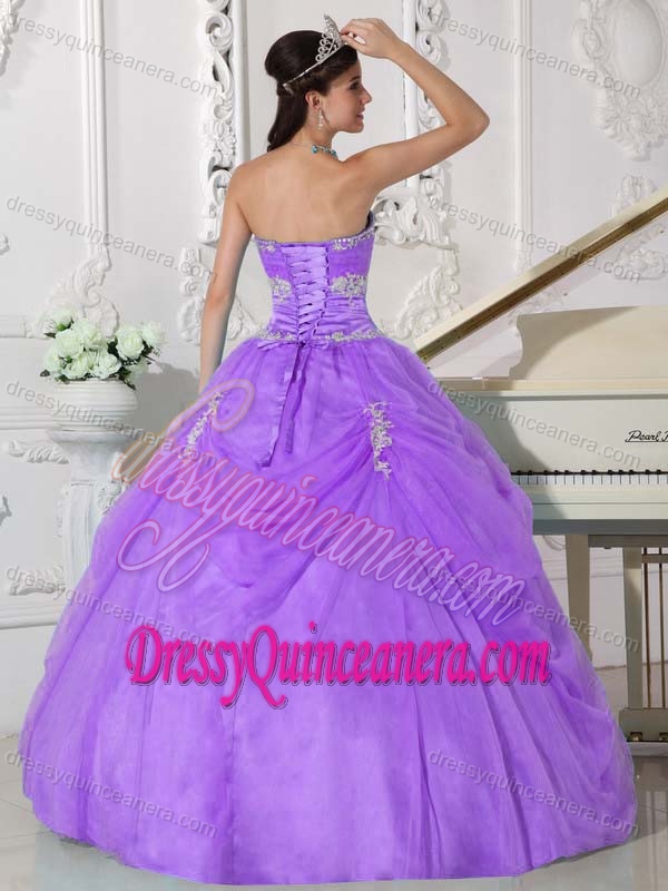 Strapless Lavender Appliqued Organza Quinceanera Gown with Flower and Pick-ups