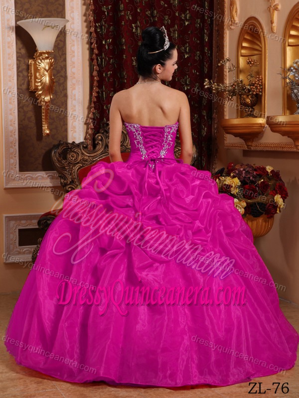 Hot Pink Organza Asymmetrical Quinceanera Dresses with Appliques and Pick-ups