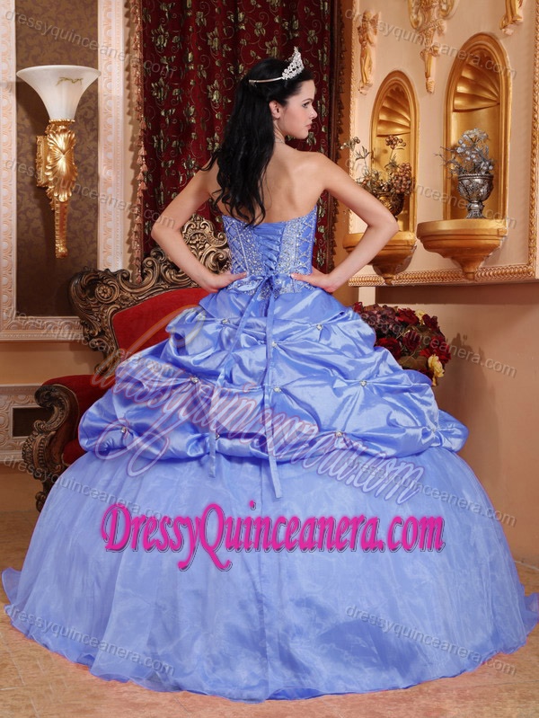 Sweetheart Light Blue Taffeta Beaded Sweet Sixteen Dresses with Pick-ups for Cheap