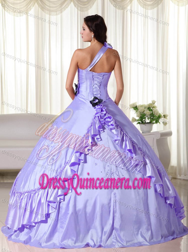 Lilac One-shoulder Floor-length Taffeta Dress for Quinceanera with Beading on Sale