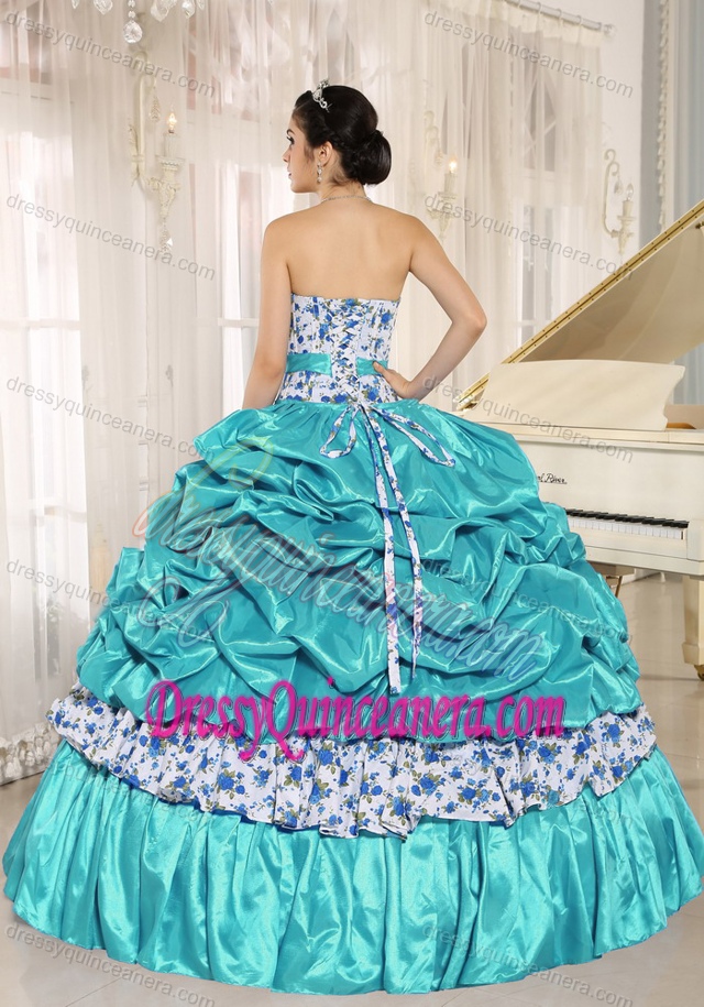 Aqua Blue Taffeta and Printing Quince Dresses with Beading and Pick-ups