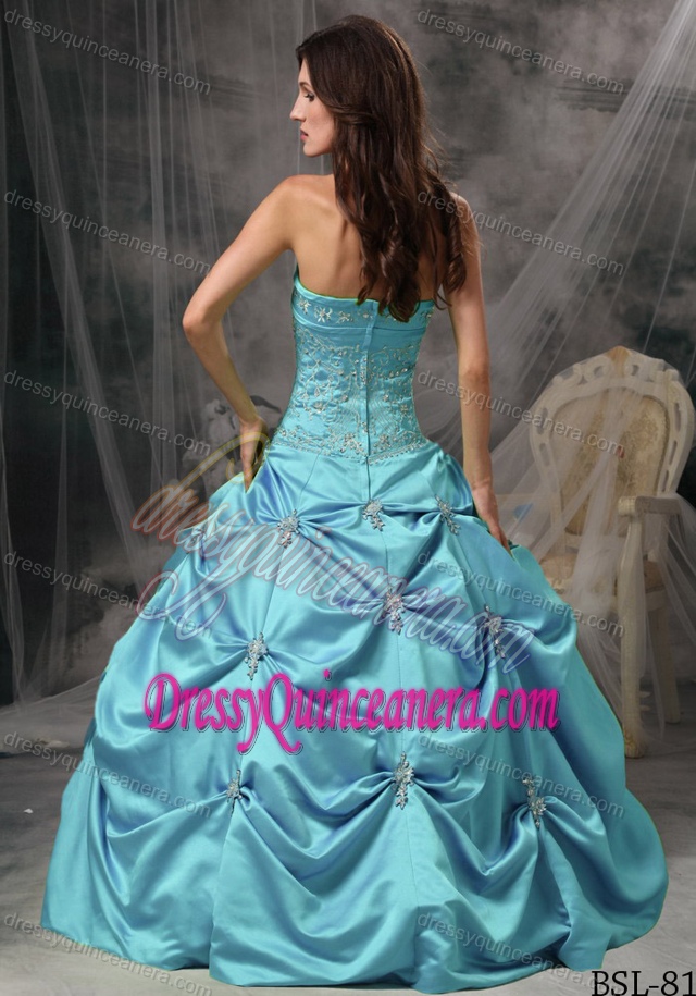 Modest Baby Blue Strapless Taffeta Quinceanera Dresses with Pick-ups and Appliques
