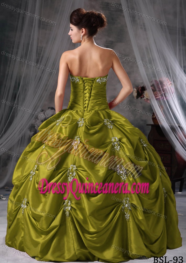 Olive Green Strapless Ball Gown Taffeta Appliqued Quinceanera Dress with Pick-ups