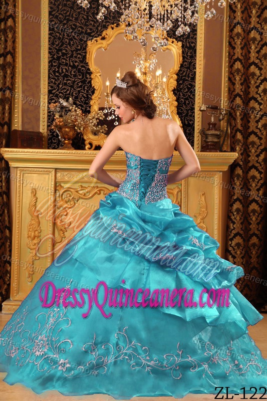 Discount Beading Taffeta Quinceanera Gown with Embroidery and Pick-ups in Teal