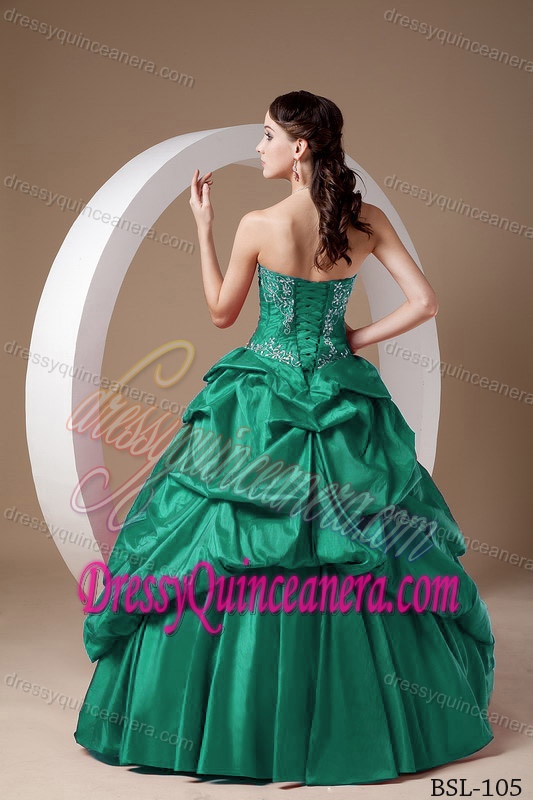 Teal Sweetheart Sweet 16 Quince Dresses in Taffeta with Appliques and Pick-ups