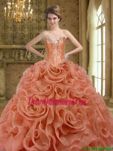2015 Luxurious Beading and Rolling Flowers Rust Red Quinceanera Gown