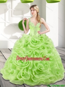 Luxurious Beading and Rolling Flowers Spring Green 2015 Quinceanera Dresses