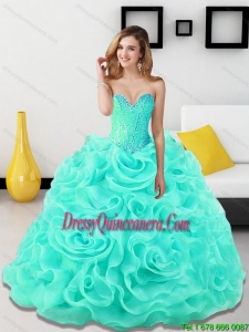 Luxurious Beading and Rolling Flowers Sweetheart Light Blue Sweet 15 Dresses for 2015
