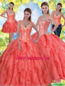 2015 New Style Beading and Ruffles Quinceanera Dresses in Coral Red