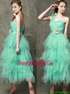 Popular One Shoulder Dama Dress with Ruffled Layers and Hand Made Flowers