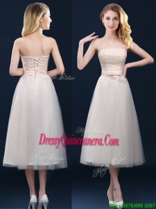 Low Price Strapless Belt Champagne Long Dama Dress in Tulle