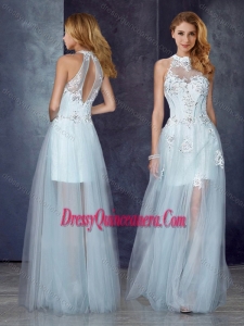 Beautiful Short Inside Long Outside High Neck Light Blue Dama Dress with Appliques and Beading