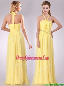 Lovely Halter Top Chiffon Ruched Long 2016 Dama Dress in Yellow