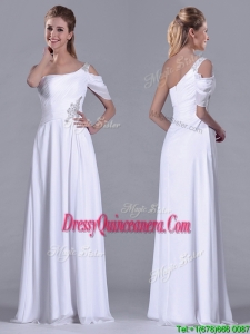 Fashionable Empire One Shoulder Beaded White Long White2016 Dama Dress for Holiday