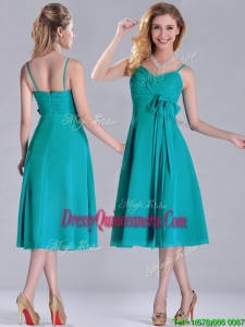 Spaghetti Straps Ruched and Belted Turquoise Beautiful Dama Dress in Tea Length