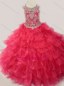 Affordable Ball Gown Coral Red Beading and Ruffled Layers Little Girl Pageant Dress with Straps and Off the Shoulder