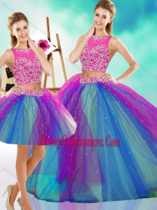 Lovely Beaded Scoop Tulle Detachable Quinceanera Skirts in Rainbow Colored