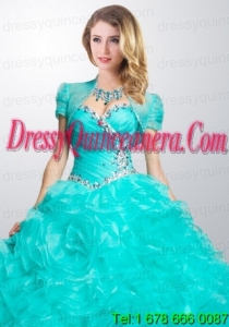 Gorgeous Turquoise Organza Quinceanera Jacket with Ruffles and Beading