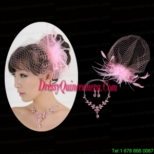 Pink Luxurious Rhinestone Ladies Jewelry Set Including Necklace And Headpiece