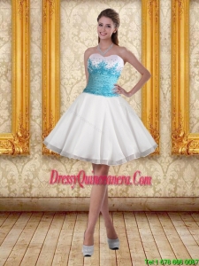 2015 Beautiful White Sweetheart Dama Dresses with Blue Embroidery