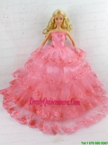 Elegant Handmade Gown With Ruffled Layers and Embroidery Made To Fit the Barbie Doll
