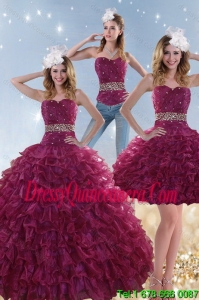 Detachable Burgundy Sweet 15 Dresses with Beading and Ruffles
