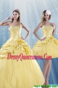 New Style Strapless 2015 Beading Quince Dresses with Beadings and Pick Ups