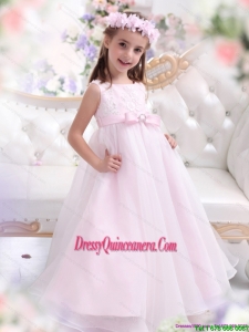 Affordable Scoop Appliques and Bownot Pageant Dresses for Girl in Baby Pink