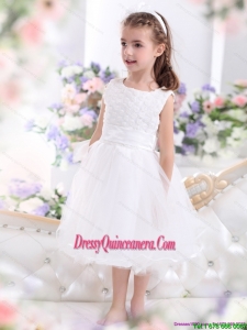 Affordable Scoop Tea Length White 2015 Little Girl Pageant Dress with Sash