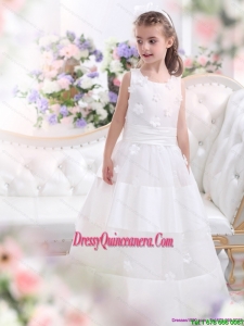 Affordable White Scoop Flower Girl Dress with Appliques