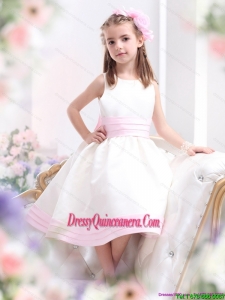 Affordable White Scoop Little Girl Pageant Dress with Light Pink Bownot