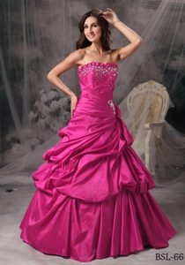 Princess Strapless Floor-length Taffeta Beaded Dresses for Quince in Hot Pink