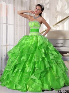 Inexpensive Strapless Organza Quinces Dresses with Appliques and Paillette