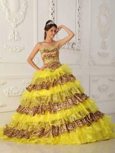 Yellow A-line Strapless Leopard and Organza Ruffled Dress for Quinceanera