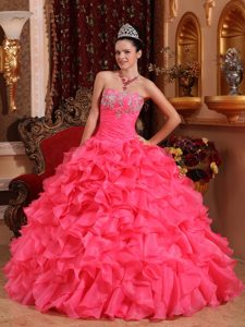 Hot Pink Strapless Organza Quinceaneras Dress with Beading and Appliques