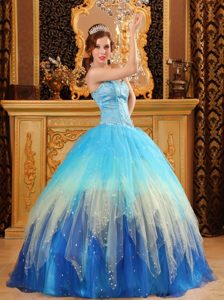 Gorgeous Beaded Satin and Organza Blue Sweet Sixteen Quinceanera Dresses