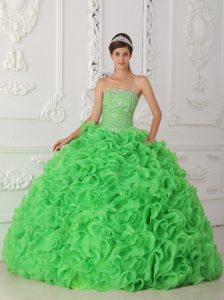 Strapless Cute Green Beaded Organza Sweet 16 Dresses with Ruffles