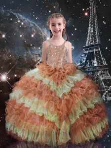 Ball Gowns Little Girl Pageant Dress Orange Red Straps Organza Sleeveless Floor Length Lace Up