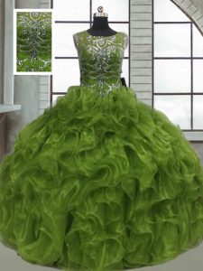 Beauteous Olive Green Ball Gowns Scoop Sleeveless Organza Floor Length Lace Up Beading and Ruffles Sweet 16 Quinceanera Dress